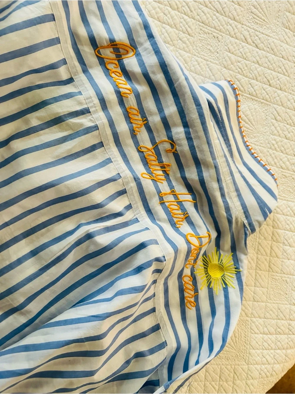 Shiraleah Blue & White Striped beach Shirt Dress with Embroidery large